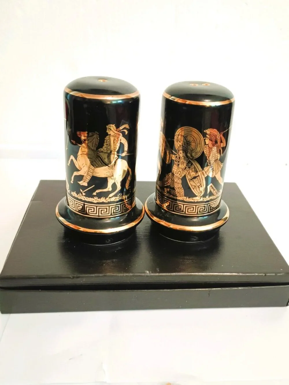 Greek Key Salt & Pepper Shakers Vintage Black with 24K Gold Trim